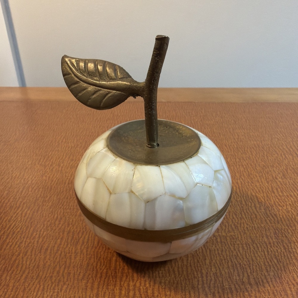 Vintage Solid Brass and Mother of Pearl Inlay Apple Trinket Box